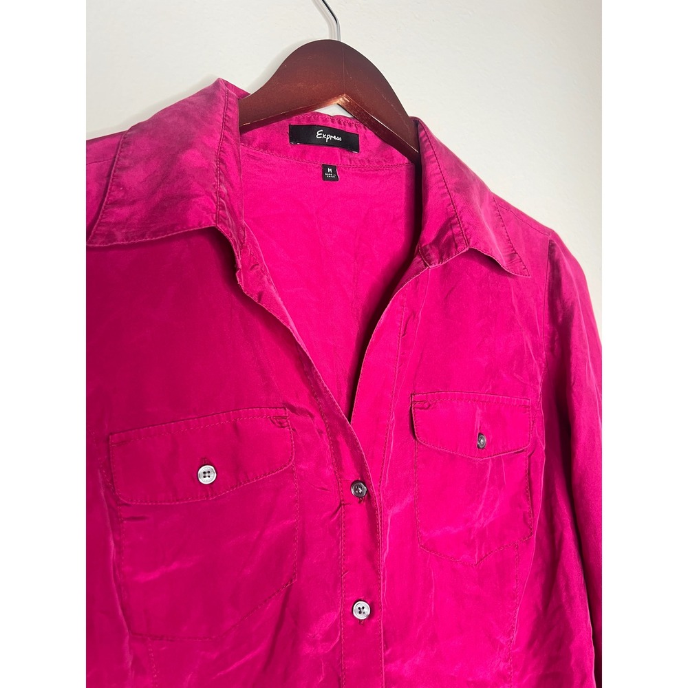 Express Vintage 100% Silk Magenta Pink Roll Tab Button Down Shirt Long Sleeve - Picture 2 of 8